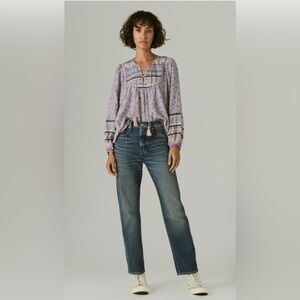 Lucky Brand Lace Up Border Print Peasant Blouse in Lilac Multi Cottagecore